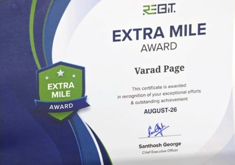 ReBIT Extra Mile Award certificate awarded to Varad Page