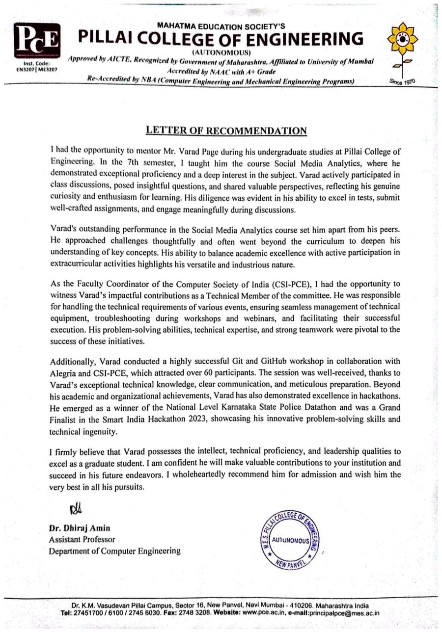 Letter of recommendation from Pillai College of Engineering, signed by Dr. Dhiraj Amin
