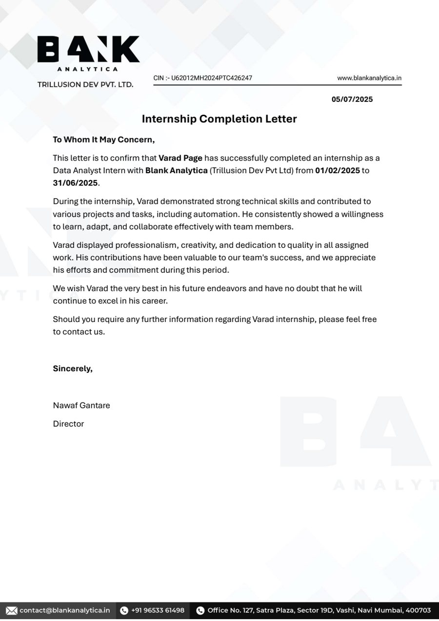 Internship completion letter from Blank Analytica, signed by Nawaf Gantare, Director